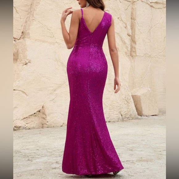 Luxe slit thigh prom wedding party sequins  dress - Picture 6 of 8